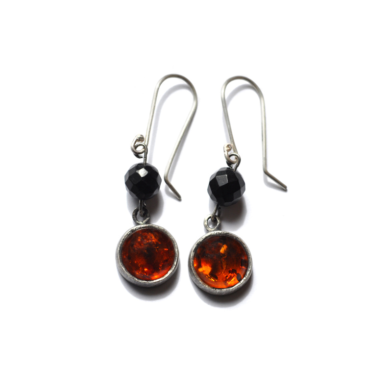 Baltic Amber Earrings, amber, jet, fine silver, sterling silver, 2012