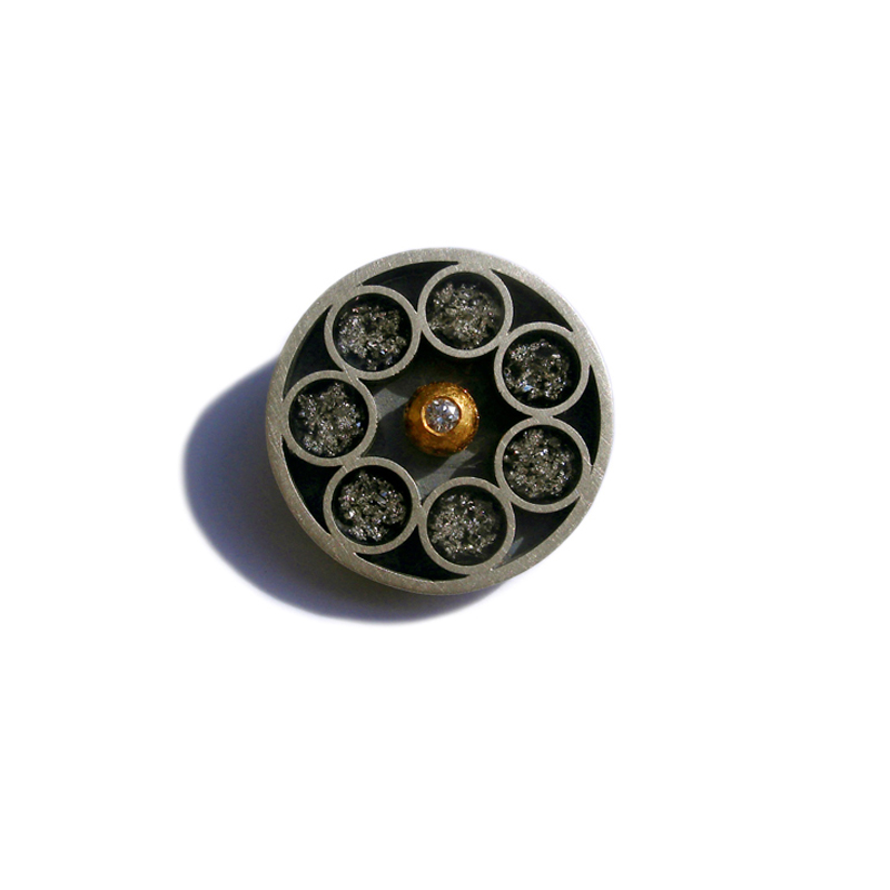 Diamond in the Rough, brooch, sterling silver, 0.05ct diamond, silver crystals, 24ct gold, resin, 2006