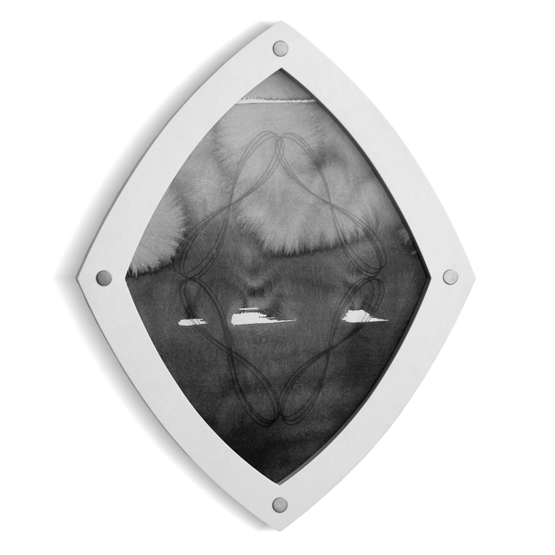 The Possibility, 330mm x 540mm, Ink on paper, sand-blasted glass, brass-and-steel rivets, lacquered custom wood, 2011