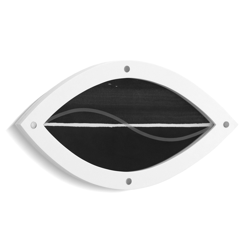 Somewhere in Between, 620mm x 310mm, Ink on paper, sand-blasted glass, brass-and-steel rivets, lacquered custom wood, 2011