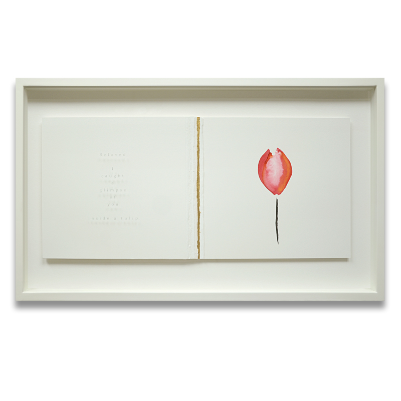 Beloved, Sandblasted text - Beloved I caught a glimpse of you inside a tulip. Sandblasted glass, paper, 24ct gold leaf, Ink. Frame size - 767mm wide x 465mm high x 50mm deep. 2014