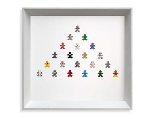 United We Stand. Framed collection. Sterling silver, fine silver, 24ct gold, 18ct gold, 0.05ct diamond, flock, enamel paint, lacquer, wood, vinyl graphics, resin. 2007