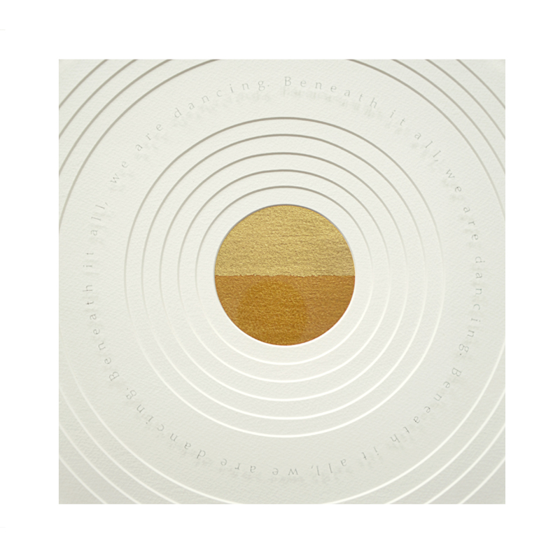 Beneath It All, Sandblasted text - Beneath it all we are dancing. Sandblasted glass, paper, 24ct gold leaf, bitumen. Frame size - 470mm. 2014