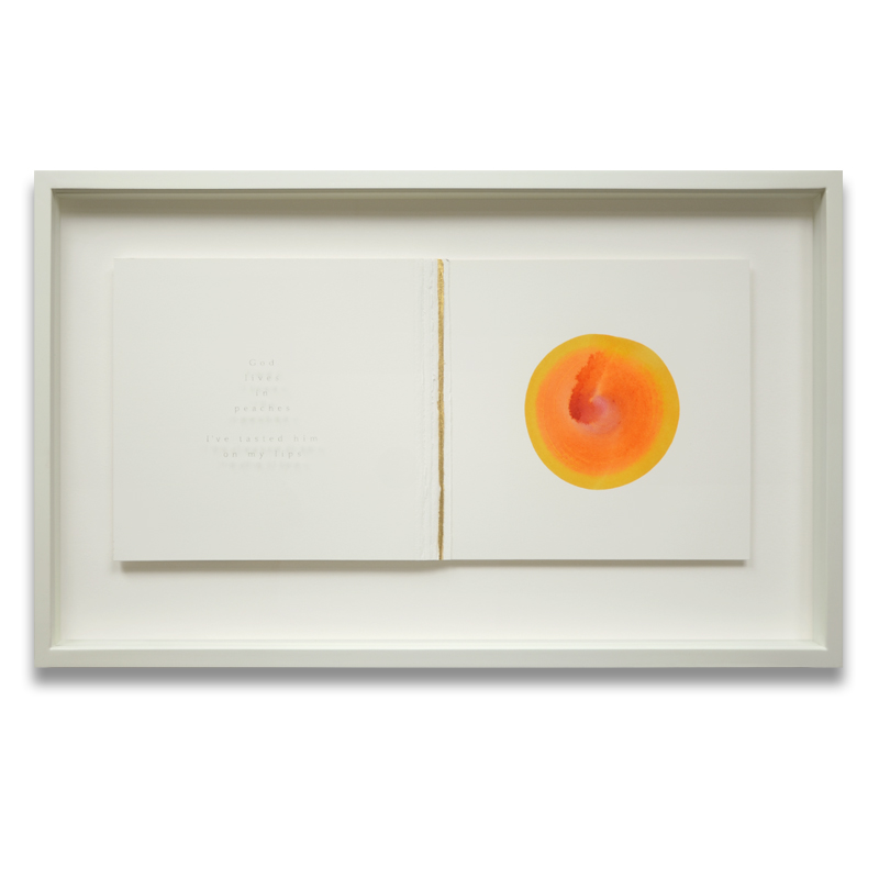 God Lives in Peaches, Sandblasted text - God lives in peaches, I've tasted him on my lips. Sandblasted glass, paper, 24ct gold leaf, Ink Frame size - 767mm wide x 474mm high x 50mm deep. 2014