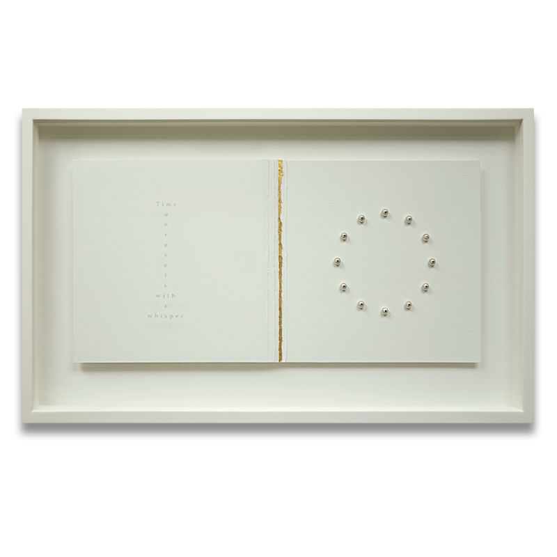 Still-Point. Sandblasted text - Time unravels with a whisper. Sandblasted glass, paper, 24ct gold leaf, sterling silver watch winders, 2.5mm black diamonds, 2.5mm white diamond. Frame size - 767mm wide x 465mm high x 50mm deep. 2014