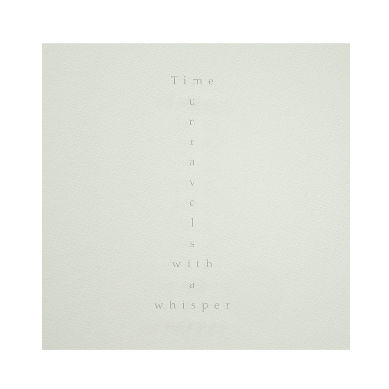 Still-Point. Sandblasted text - Time unravels with a whisper. Sandblasted glass, paper, 24ct gold leaf, sterling silver watch winders, 2.5mm black diamonds, 2.5mm white diamond. Frame size - 767mm wide x 465mm high x 50mm deep. 2014