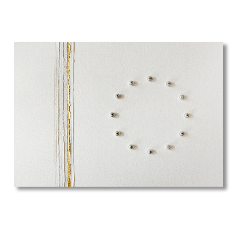 Still-Point. Sandblasted text - Time unravels with a whisper. Sandblasted glass, paper, 24ct gold leaf, sterling silver watch winders, 2.5mm black diamonds, 2.5mm white diamond. Frame size - 767mm wide x 465mm high x 50mm deep. 2014