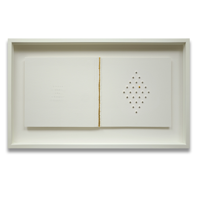 Whisper. Sandblasted text - Listen for the Whisper. Sandblasted glass, paper, 24ct gold leaf, sterling silver watch winders, 24ct gold. Frame size - 767mm wide x 465mm high x 50mm deep. 2014