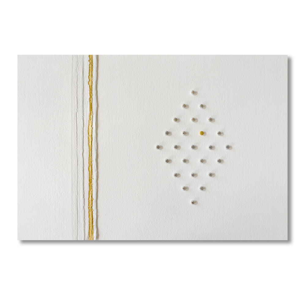 Whisper. Sandblasted text - Listen for the Whisper. Sandblasted glass, paper, 24ct gold leaf, sterling silver watch winders, 24ct gold. Frame size - 767mm wide x 465mm high x 50mm deep. 2014