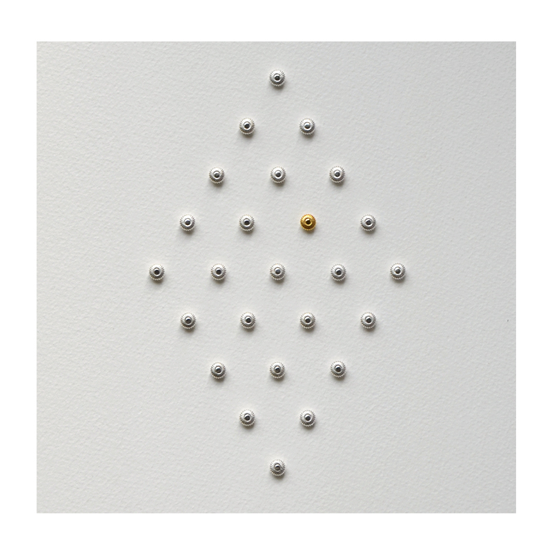 Whisper. Sandblasted text - Listen for the Whisper. Sandblasted glass, paper, 24ct gold leaf, sterling silver watch winders, 24ct gold. Frame size - 767mm wide x 465mm high x 50mm deep. 2014