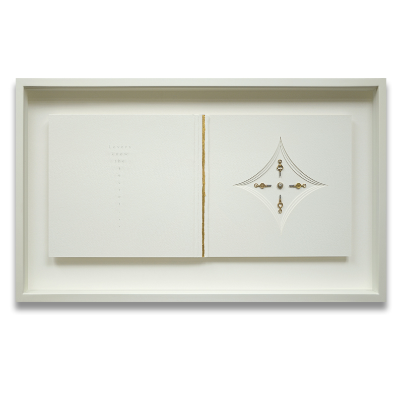 Hidden. Sandblasted text - Lovers know the secret… Sandblasted glass, paper, 24ct gold leaf, sterling silver, brass antique pocket watch keys, brass clock part, 2.5mm white diamond. Frame size - 767mm wide x 465mm high x 50mm deep. 2014