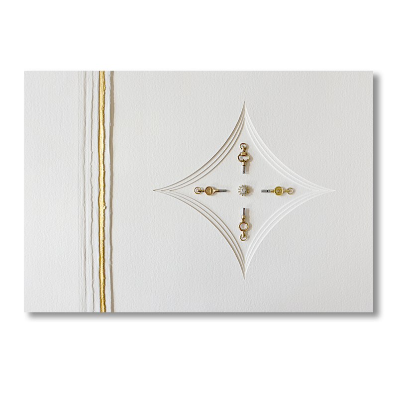 Hidden. Sandblasted text - Lovers know the secret… Sandblasted glass, paper, 24ct gold leaf, sterling silver, brass antique pocket watch keys, brass clock part, 2.5mm white diamond. Frame size - 767mm wide x 465mm high x 50mm deep. 2014