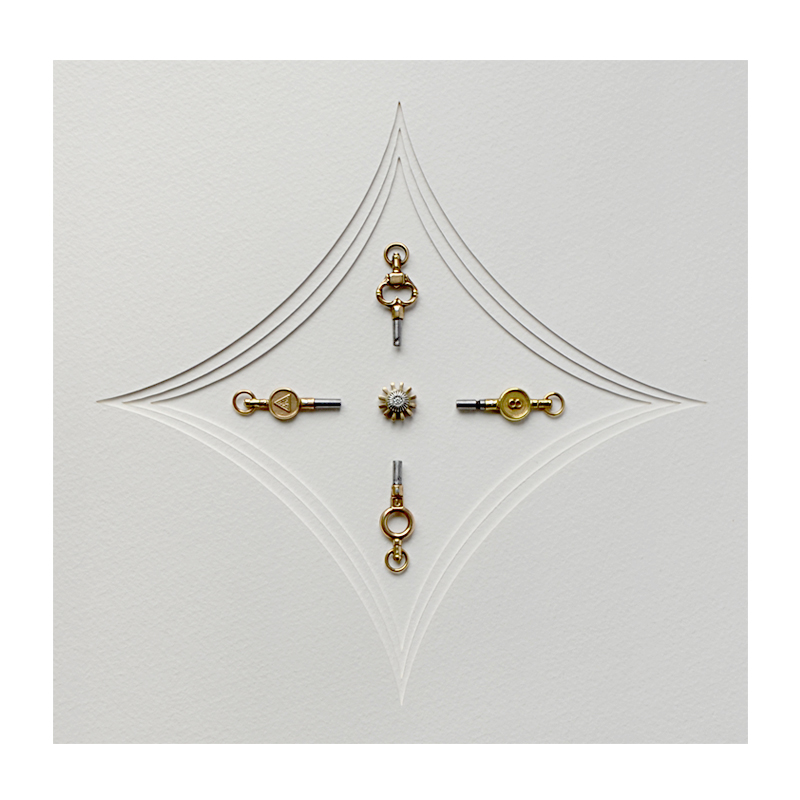 Hidden. Sandblasted text - Lovers know the secret… Sandblasted glass, paper, 24ct gold leaf, sterling silver, brass antique pocket watch keys, brass clock part, 2.5mm white diamond. Frame size - 767mm wide x 465mm high x 50mm deep. 2014